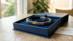 Top-down view of a multi-color rainbow tennis bracelet next to a ruler to illustrate gemstone size and total length.