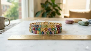 A collection of multi-color rainbow tennis bracelets stacked together to create a bold, colorful jewelry statement.