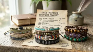 A 4K photorealistic illustration of stacked adjustable cord wrap bracelets on a rustic wood surface, featuring various natural stone beads and woven textures, with an aged paper scroll guide.