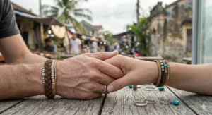 Two matching unisex leather bracelets with distinctive silver beads worn by a couple holding hands.