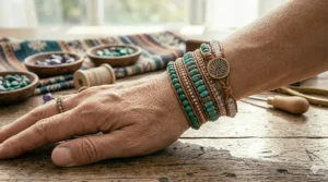 A three-wrap beaded leather bracelet featuring gold-plated seed beads and brown leather cord.