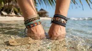 A photorealistic illustration of waterproof cord wrap bracelets with natural beads submerged in clear ocean water on a sandy beach, highlighting durability.