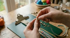 Hands threading a small wooden bead onto a strand of a handmade boho-style macrame friendship bracelet.