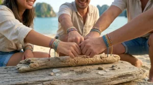 Detail shot of a hand adjusting the slipknot closure of an adjustable waterproof friendship bracelet.