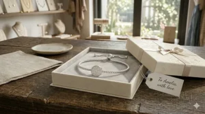 An adjustable slider bracelet neatly placed inside a luxury jewelry gift box with a ribbon.