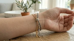 Detail shot of the adjustable toggle mechanism on a minimalist slider chain bracelet.