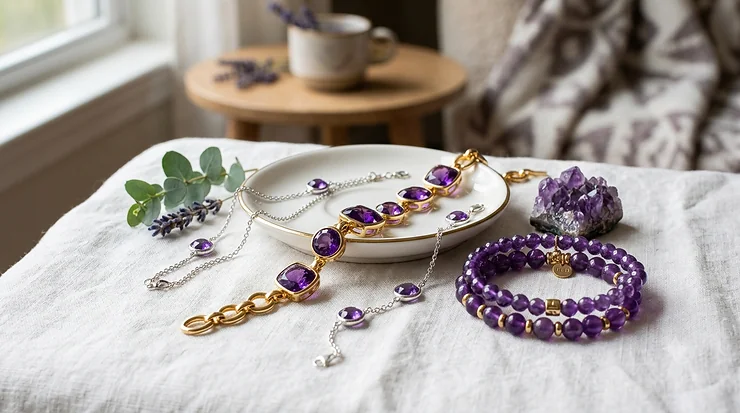 A luxurious February birthstone bracelet featuring vibrant purple amethyst gemstones laid out on a soft white linen background. amethyst birthstone bracelets for february