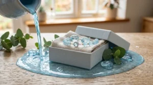 Concept illustration depicting ocean waves and the calming energy symbolized by a March aquamarine gemstone.