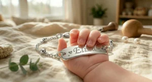 A sterling silver name bracelet for a baby girl featuring a custom nameplate and a delicate heart charm.