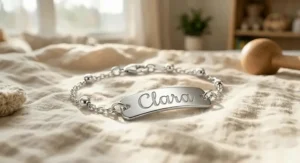 An illustrated sizing chart for sterling silver baby name bracelets ranging from newborn to toddler sizes.