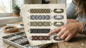 Graphic illustration showing sophisticated geometric patterns and color palettes for designing modern adult beaded friendship bracelets.