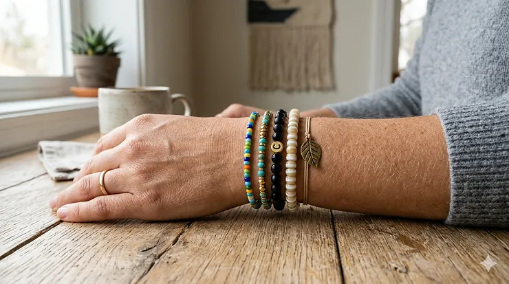 A stylish stack of colorful beaded friendship bracelets for adults worn on a wrist, featuring mature metallic accents and subtle glass beads.