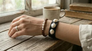Side-by-side comparison of black leather and dark brown leather pearl bracelets for women.