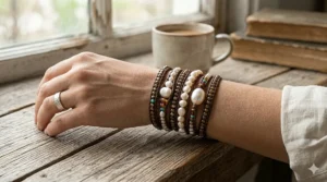 A multi-layer bohemian style leather wrap bracelet with mixed metallic beads and cultured pearls for women.