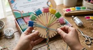 Graphic illustration showing how to use a round braiding wheel from a friendship bracelet making kit.