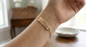 Illustration demonstrating clear, easy-to-read medical condition engraving on the back of a fashionable women's bracelet.