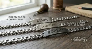 Infographic displaying three distinct engraving font styles (modern block, classic script, bold serif) for personalized men’s ID bracelets.
