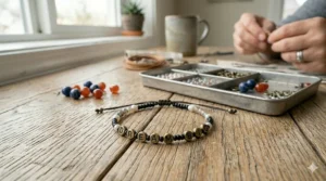 Personalized beaded friendship bracelets for adults featuring custom metal letter beads spelling out inspirational words.