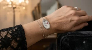 Illustration of a woman in an evening dress wearing a crystal-accented fashionable medical alert bracelet.