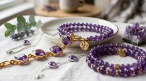 Close-up illustration showing the intricate details and deep purple facets of a February birthstone amethyst bracelet.