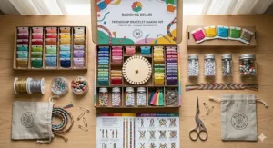 Overhead view of a friendship bracelet making kit showing organized embroidery floss, safety pins, and decorative charms.