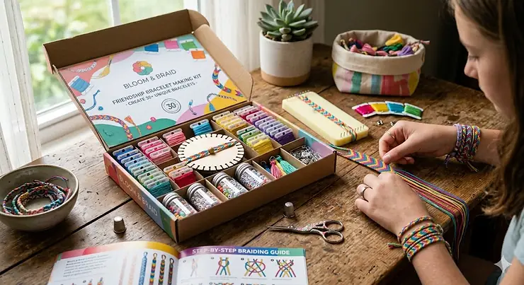 A complete friendship bracelet making kit displayed open with colorful threads, beads, and a braiding wheel on a clean background.