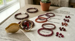 An educational illustration displaying the different deep red color shades found in January birthstone garnet bracelets.
