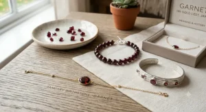 An illustrated guide showing the historical meaning and healing properties of the garnet January birthstone.