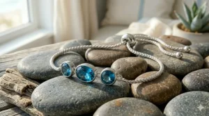 An elegant sterling silver gemstone bolo bracelet beautifully tucked inside a luxury velvet jewelry gift box, perfect for holiday or anniversary gifting.