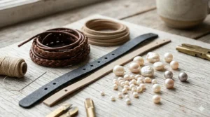 Close-up view of premium genuine leather cords and high-luster white freshwater pearls used for making women's bracelets.