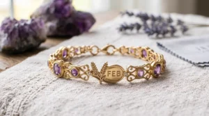 A minimalist 14k gold bangle bracelet set with a brilliant baguette-cut February birthstone amethyst.