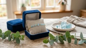 Elegant design illustration of a 14k gold bangle set with March aquamarine birthstones.