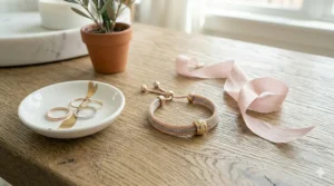 Flat lay view of a gold minimalist slider chain bracelet next to a silk ribbon and ceramic dish.
