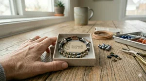 Two matching beaded friendship bracelets for adults neatly presented inside a minimalist linen gift box with a thank you card.