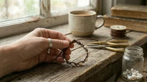 Artisan hands knotting a leather pearl bracelet on a wooden workshop desk, illustrating the handmade jewelry process.