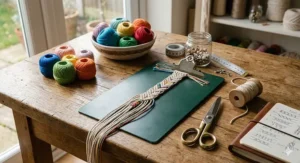 Crafting supplies for handmade macrame friendship bracelets including colorful embroidery floss, a clipboard, and scissors.