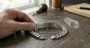 Illustration showing the hidden reverse side engraving on a personalized men’s ID bracelet, revealing a private custom message.
