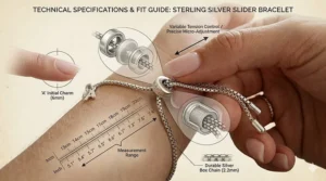 An illustrated size guide diagram demonstrating how an adjustable slider bracelet fits various wrist sizes perfectly.