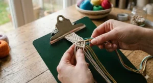 Close-up overhead illustration showing how to secure threads to a clipboard to start a handmade macrame friendship bracelet.