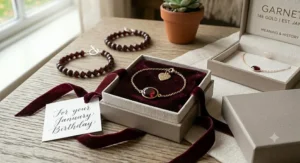 A charming illustration of a beautifully wrapped gift box revealing a January birthstone garnet bracelet inside.