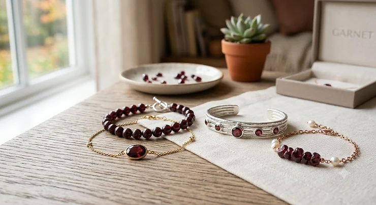 A collection of elegant January birthstone bracelets featuring deep red garnet gemstones arranged on a minimalist background. january birthstone bracelets garnet