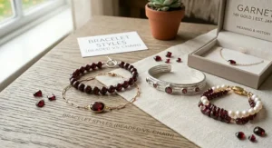 An illustration showcasing different styles of January birthstone jewelry, including beaded and chain garnet bracelets.