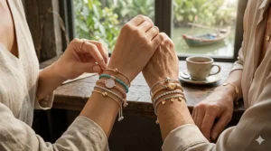 Fashion illustration showing a woman layering and stacking multiple adjustable slider bracelets of different metal colors.