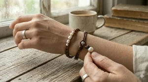 Detailed view of the adjustable loop and pearl clasp closure on a women's leather bracelet.