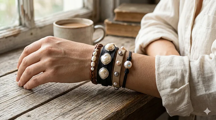 A woman wearing a layered leather and pearl bracelet with a casual linen shirt, showcasing boho-chic jewelry styling.