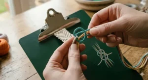 Visual guide demonstrating the loop pattern for making a backward knot in a macrame bracelet.