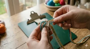 Step-by-step diagram illustrating the forward knot technique for a handmade macrame friendship bracelet.