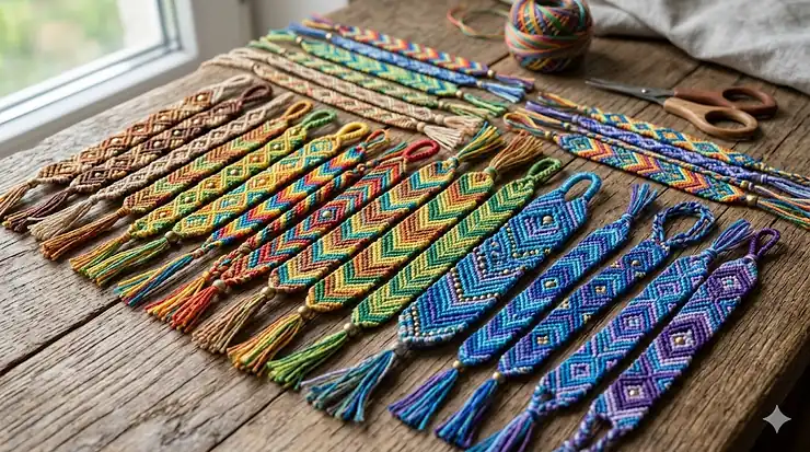 A vibrant collection of handmade macrame friendship bracelets with intricate geometric patterns laid out on a rustic wooden background. macrame friendship bracelets handmade