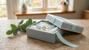 A beautifully wrapped March birthday gift box opening to reveal a delicate aquamarine gemstone bracelet.