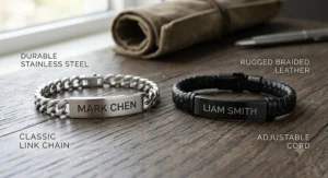 Comparison of a black leather and a stainless steel personalized ID bracelet for men.